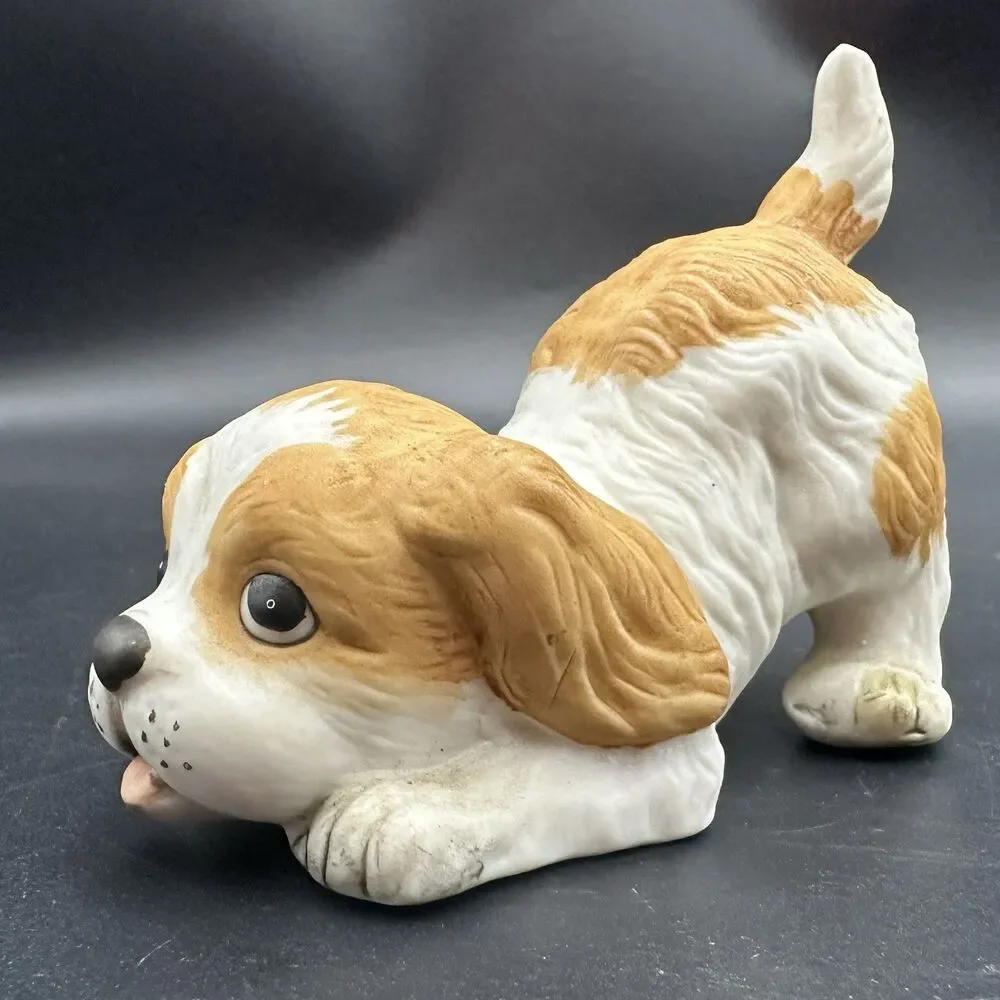 Vintage Homco #1407 Puppy Dog Bisque Porcelain Buff White Cocker Spaniel 3.5”